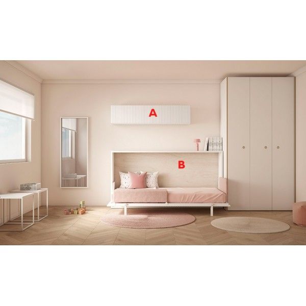 Dormitorio abatible juvenil horizontal con armario, estantería y zona de estudio colección Tweet 16 de Tobisa