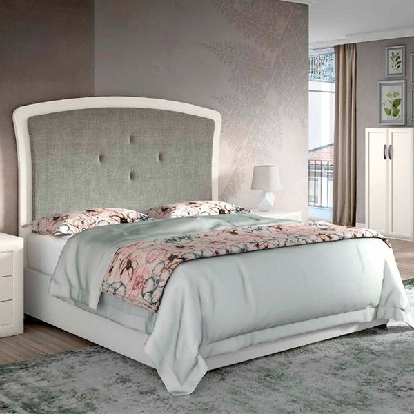 Composición de dormitorio Parma 14 tapizado en tela y acabado en blanco.