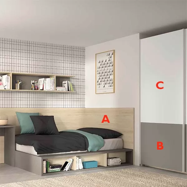 Dormitorio juvenil con almacenaje, armario y cabecero de Glicerio Chaves modelo F302 acabado en Ambar, Piedra y Blanco