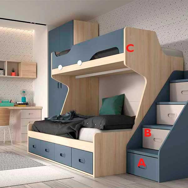 Habitación juvenil con litera de 2 camas y escritorio para 2.