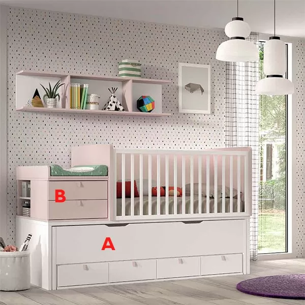 Dormitorio Infantil con cuna, estantería y armario con armonía de colores