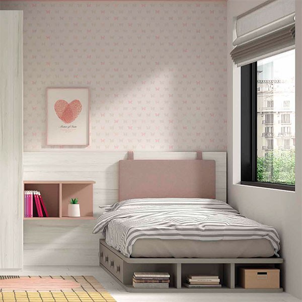 Dormitorio juvenil modelo F08 con zona de cama, armario y estudio