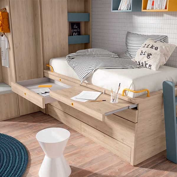 Dormitorio juvenil con compacto con deslizante, armario y escritorio.