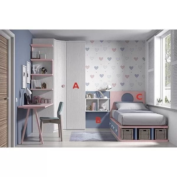 Dormitorio juvenil F506 de Glicerio Chaves acabado en ártico, cobalto y en rosa