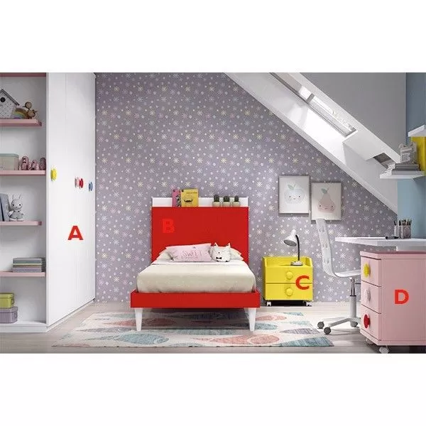 Dormitorio Juvenil F501 de Glicerio Chaves acabado en blanco, rojo, ocre y rosa